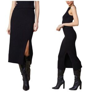 Skies Are Blue Ribbed Knit Side Slit Midi Pull On Skirt in Black